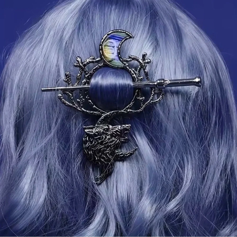Silver Moon & Wolf Hair Stick Barrette
